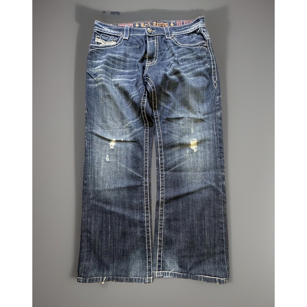 Rock & Republic Paul Straight Jeans Dark Wash Distressed Rear Flap Size 36 x 29